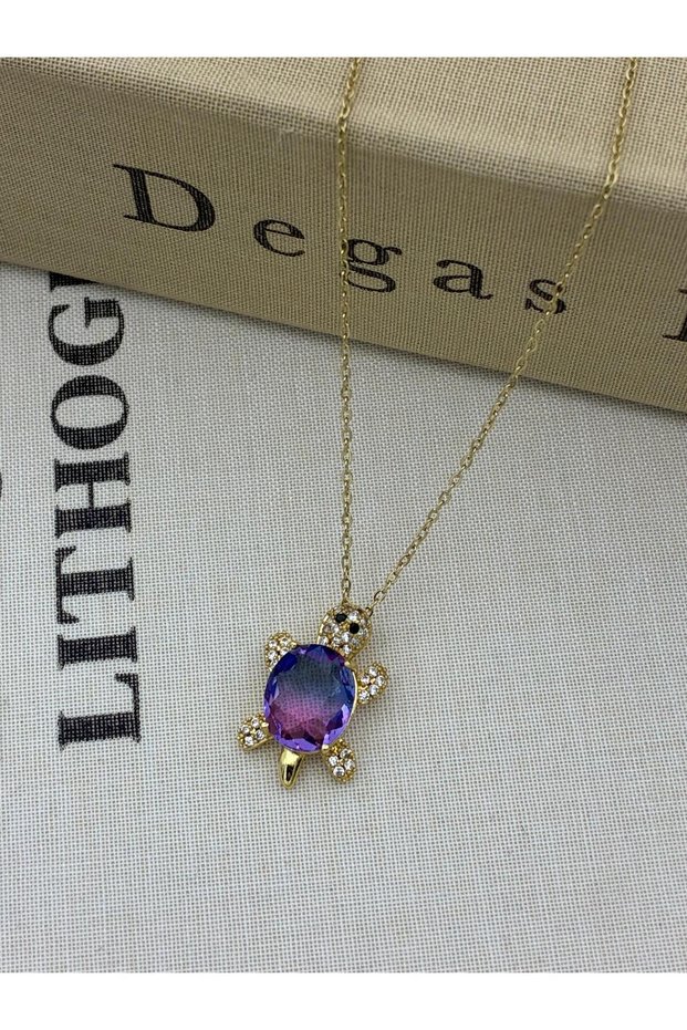 Steel Gold Colored Zircon Stone Purple Turtle Model Necklace