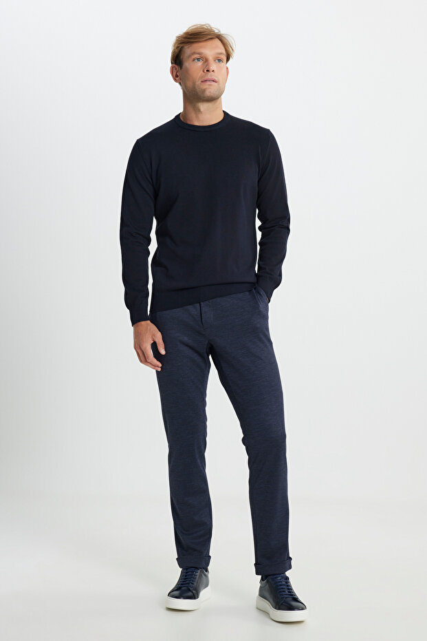 Erkek Lacivert Yünlü Slim Fit Dar Kesim Desenli Yan Cep Pantolon - 3