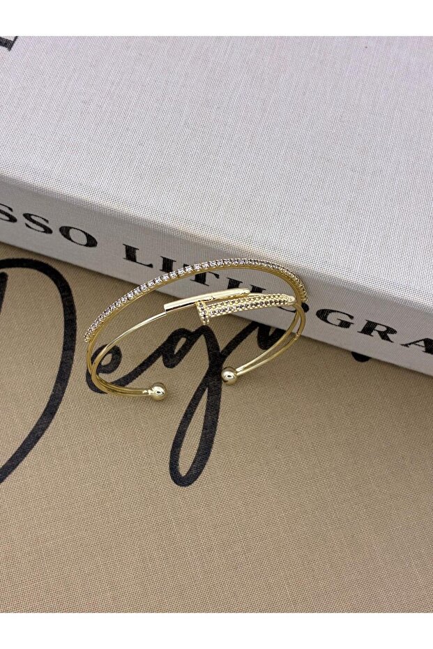 Gold Color Adjustable Two Row Zircon Stone Nail Detailed Bracelet