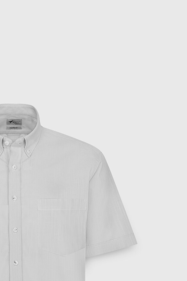 Erkek Gri Comfort Fit Rahat Kesim Düğmeli Yaka Keten Görünümlü %100 Pamuk Flamlı Kısa Kollu Gömlek - 7