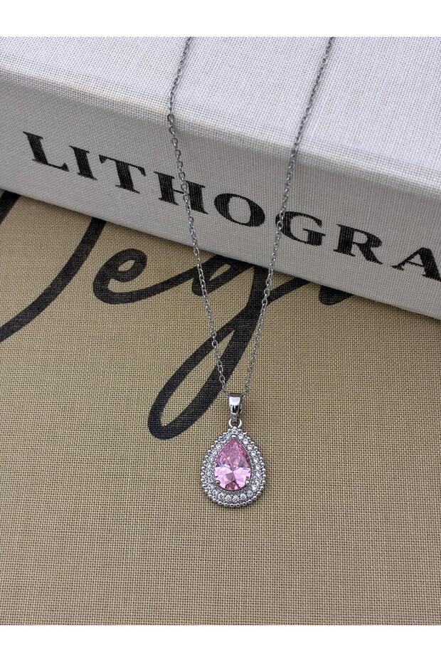 Steel Silver Color Pink Zircon Stone Drop Model Necklace