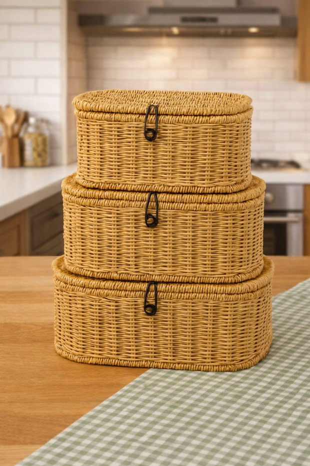 LÜKS MODERN 3 LÜ HASIR GÖRÜNÜMLÜ RATTAN DÜZENLEYİCİ SEPET - 2