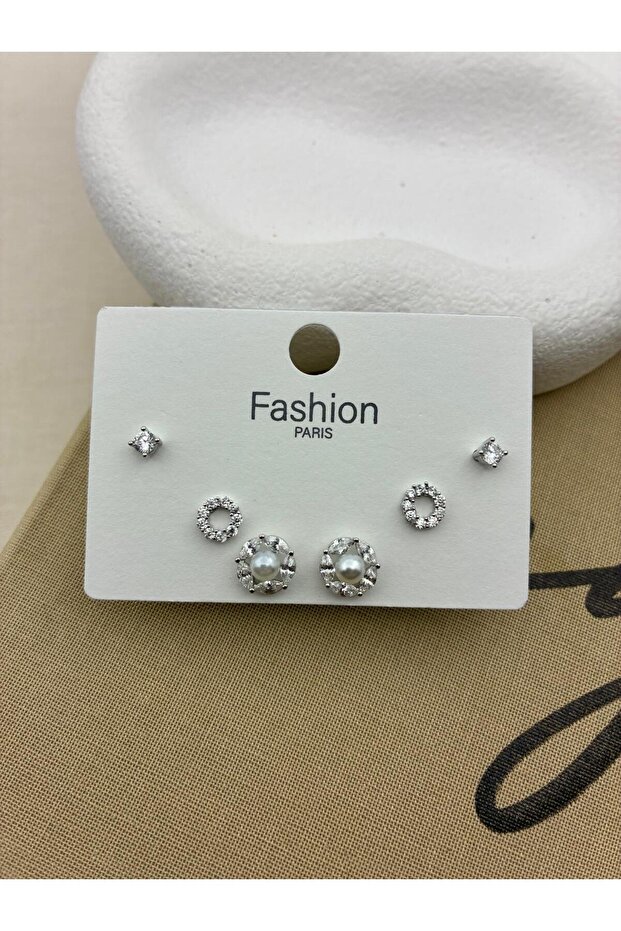 Zircon Stone Silver Color 6-Piece Round Pearl Model Earring Set