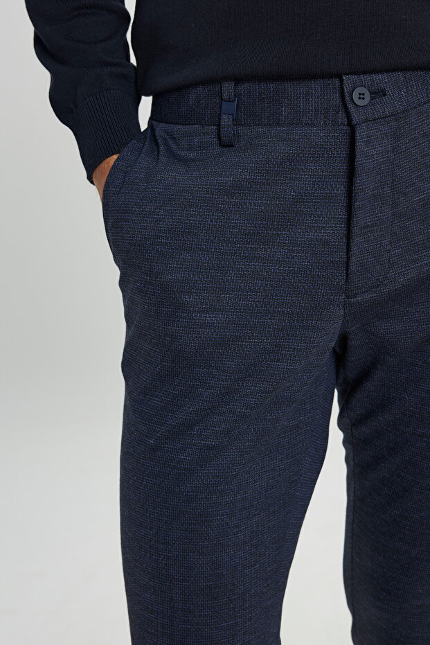 Erkek Lacivert Yünlü Slim Fit Dar Kesim Desenli Yan Cep Pantolon - 5