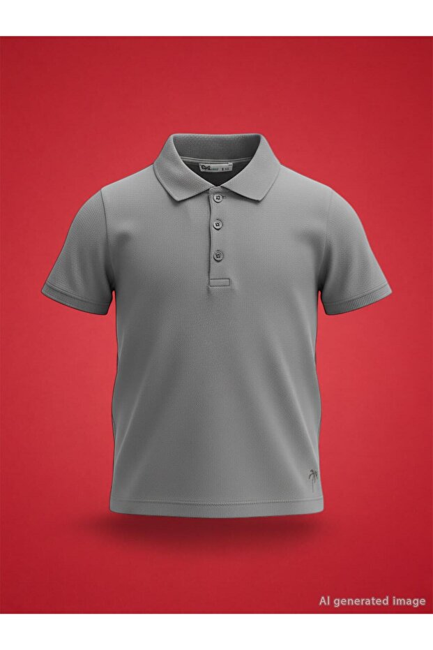 Boy's Palm Tree Embroidered Polo Collar T-Shirt for Ages 6-9 - Gray