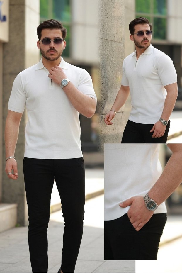 Men's Zippered Polo Collar Knitted Textured Quality Short Sleeve T-Shirt