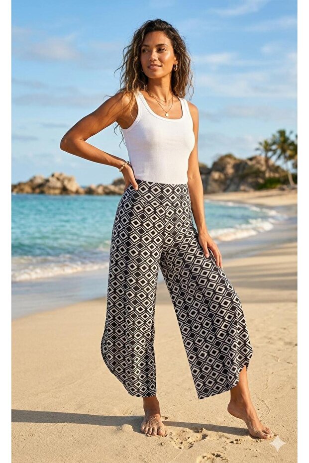 Women's Black and White Geometric Patterned Ruffled Wide Leg Pants / Bohemian Pants