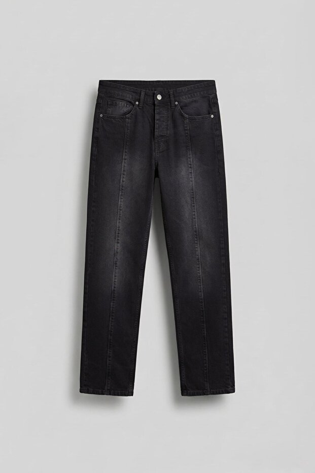 Men's Front Seam Detail Washed Baggy Jeans Black