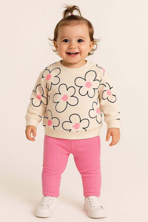Baby Girl Large Floral Patterned 2-Piece Set Sweatshirt and Ribbed Leggings - 3-6-9-12 Months