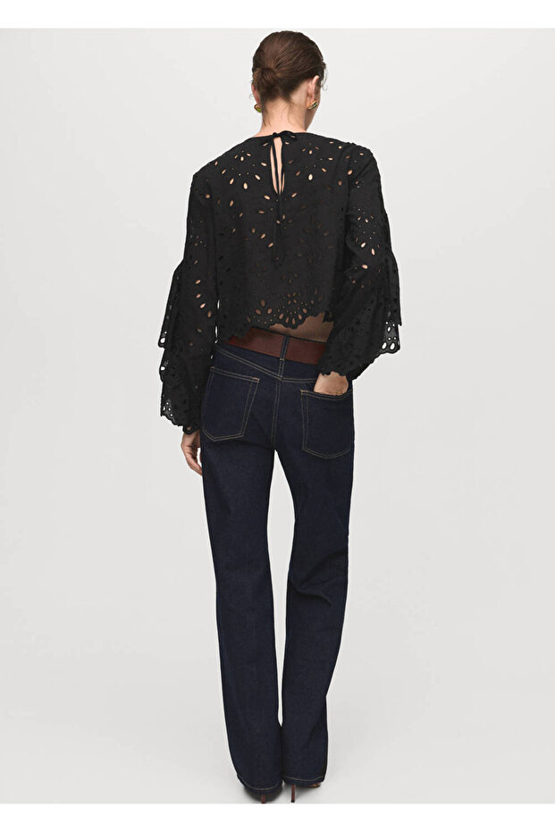 Embroidered Perforated Flounced Blouse - 4