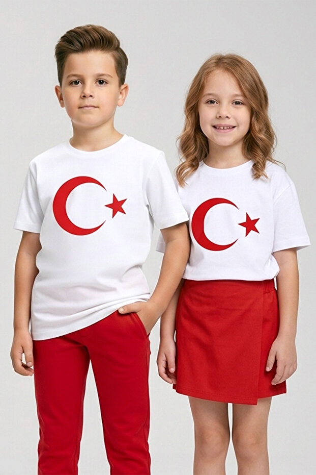 Crescent Star Turkish Flag Printed Cotton 23 April Boys and Girls T-Shirt