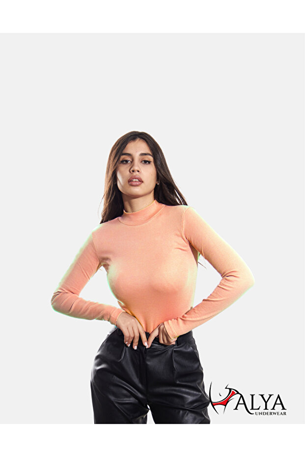 Cotton Camisole Half-Roll Neck Body Sweatshirt, Ribbed Fabric Lycra Blouse, Yavru Ağzı Badi