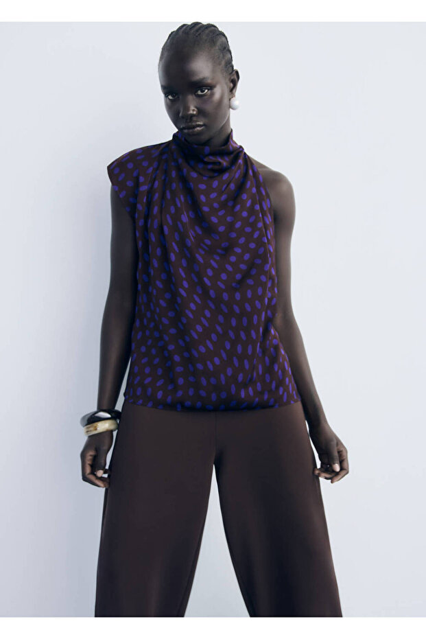 Polka Dot Pattern Draped Collar Blouse - 8
