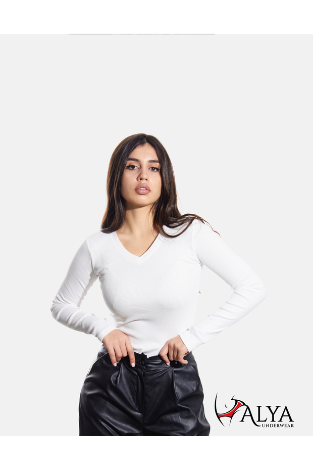 Cotton Camisole V-Neck Body Sweatshirt, Ribbed Fabric Lycra Blouse, White Badi