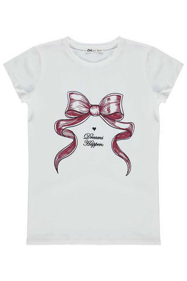 Bowknot Printed T-Shirt for 10-13 Years Old - Off-White