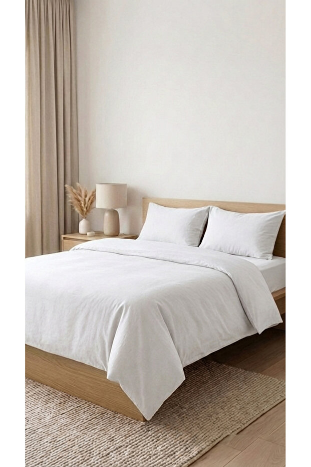 4 Piece Cotton Fabric Double Duvet Cover Set with Elastic Sheets Cream