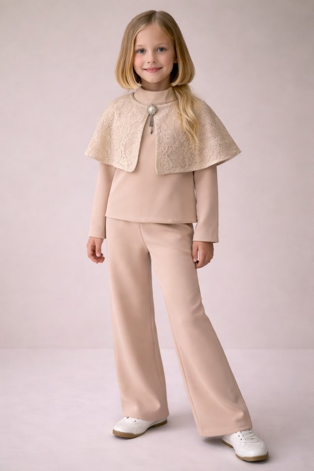 Girl's Suit Set with Cape and Brooch Closure Detail, Cotton 3-Piece Set