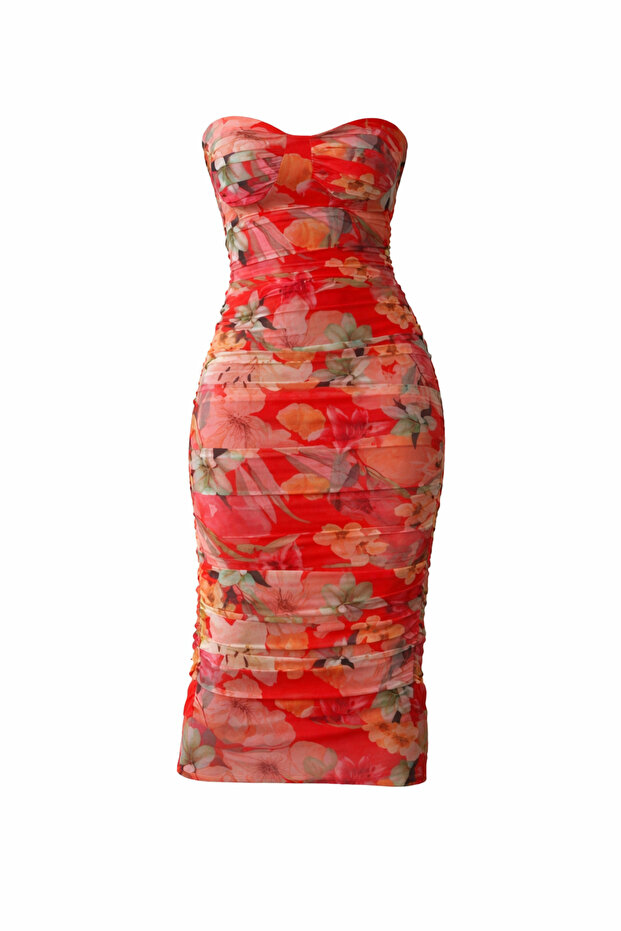 Strapless Collar Draped Floral Patterned Midi Length Chiffon Dress