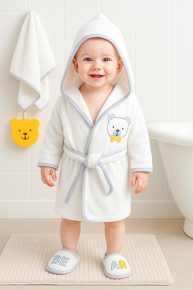 Baby Boy Teddy Bear Luxury Bathrobe Set Towel Set 100% Cotton Fabric 0-2 Years Stl7086