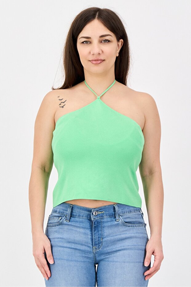 Women Halter Neck Sleeveless Solid Tank Top, Green