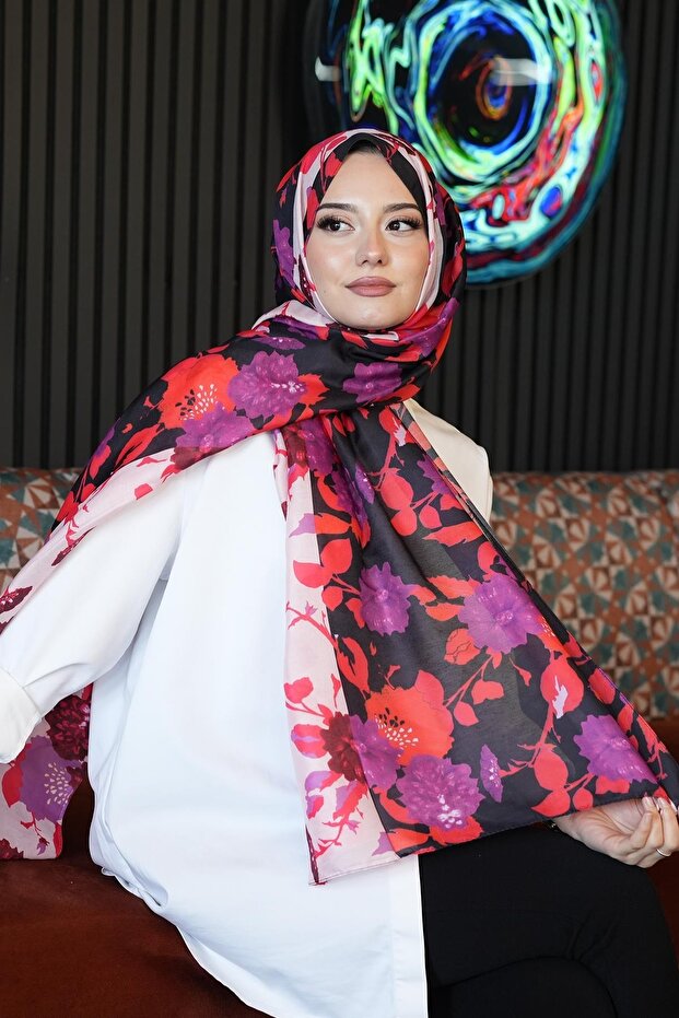 Flower Pattern Pink Cotton Shawl - 4