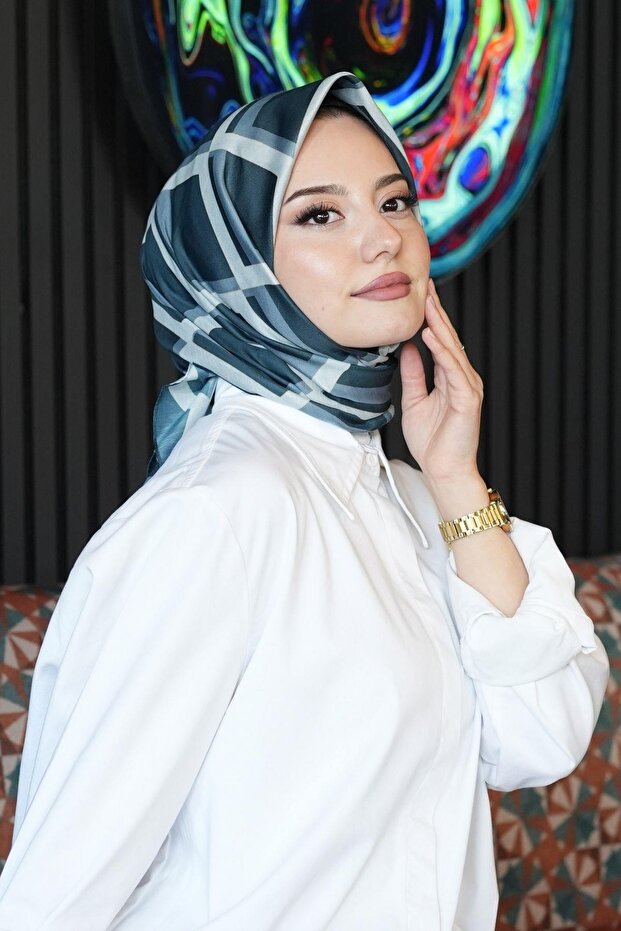 Geometric Pattern Blue Cotton Scarf - 2