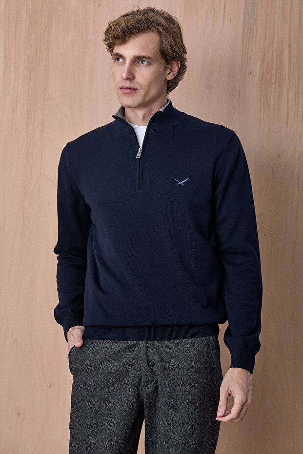 Hamnes Navy Blue 100% Cotton Zippered Knitwear