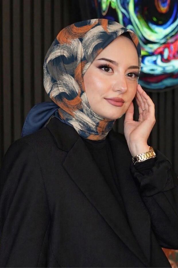 وشاح ناعم باللون البرتقالي بنمط مموج قطن - 1