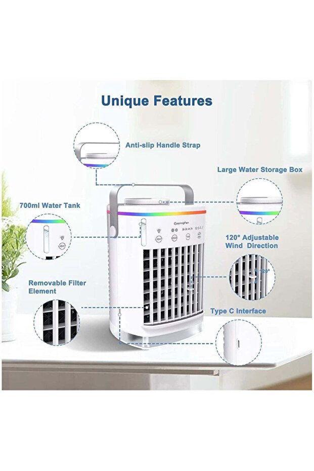 3-in-1 Portable Air Cooler with 4 Fan Speeds, 7 Color Lights, Timer Function
