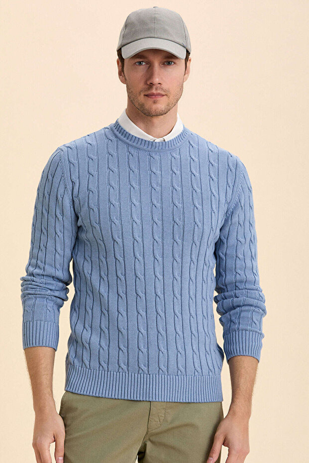 Dario Blue 100% Cotton Hair Knit Crew Neck Sweater