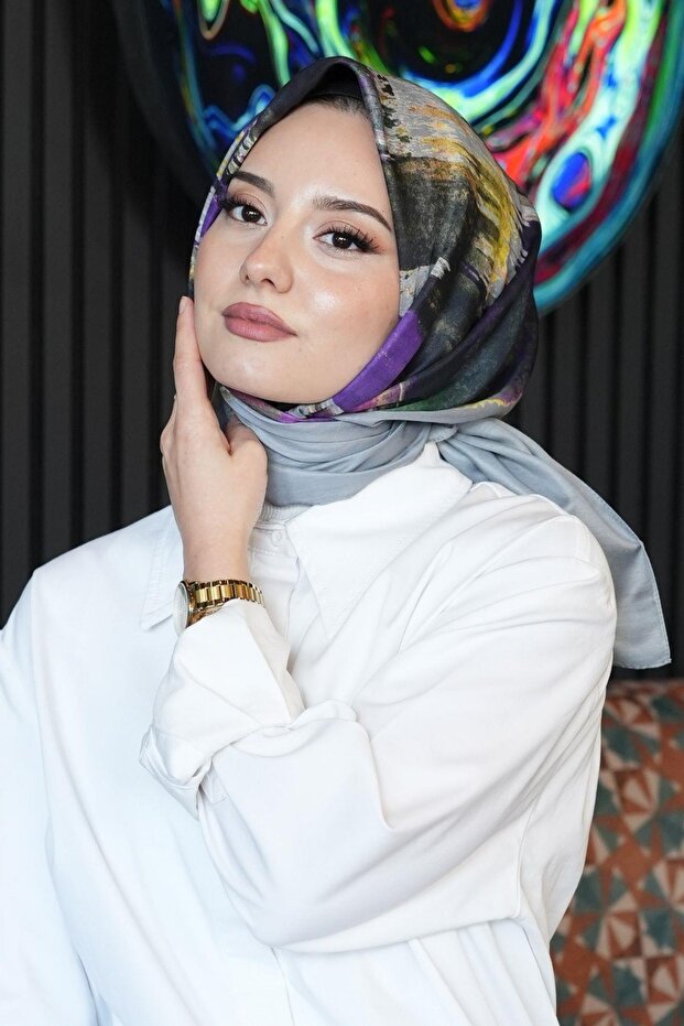 وشاح قطني بنقشة فرشاة، باللون البنفسجي - 3