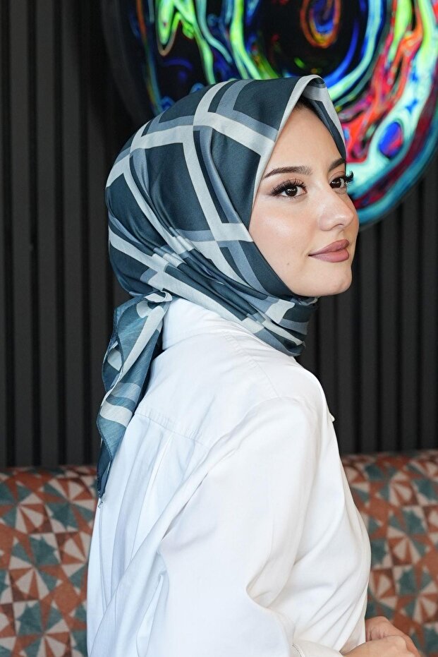 Geometric Pattern Blue Cotton Scarf - 1
