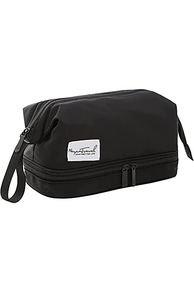 Double Layer Travel Toiletry Organizer,Waterproof Large Capacity Cosmetic Bag with Separate Partition,Portable Shaving Dopp Kit,Black