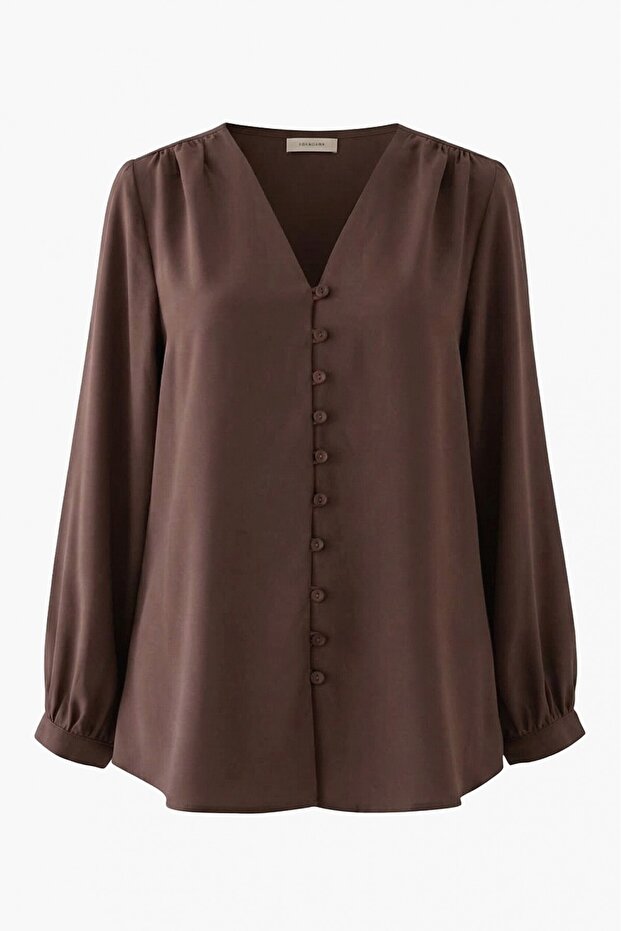 V-Neck Buttoned Long Back Shirt -Brown