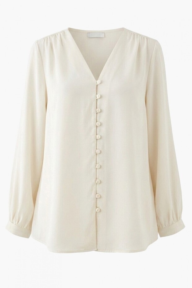 V-Neck Buttoned Long Back Shirt -Ecru