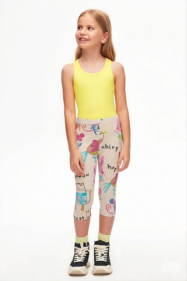 Beige Chirping Animals Girl's Patterned Knee Length Leggings Capri