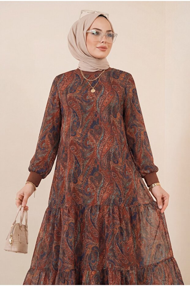 Ethnic Pattern Skirt with Segmented Lining Chiffon Dress -Brown