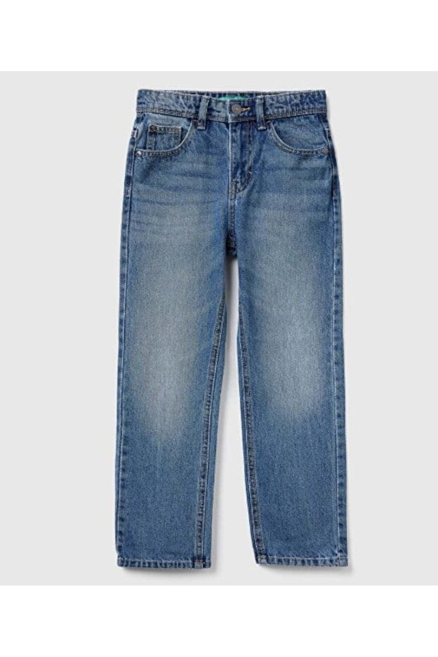 Boy's dark blue distressed button-up denim pants