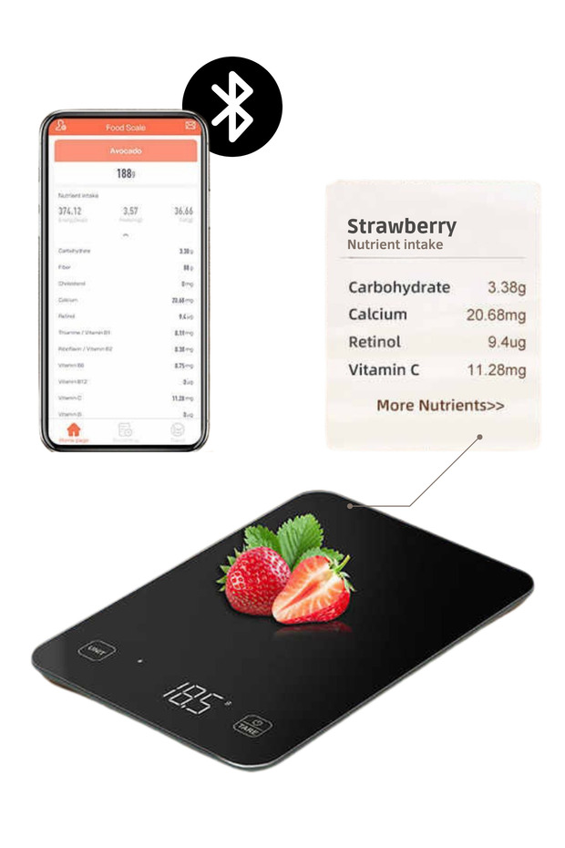 Smart Kitchen Scale With Tare Function, Bluetooth & App For Nutrition Analysis, 10kg Max,