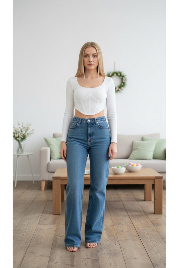 Women's Medium Blue Lycra Super High Waist Loose Jeans Palazzo Trousers Wide Leg