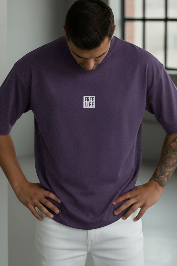 Men's Free Life Purple Crew Neck Oversize Salas T-Shirt