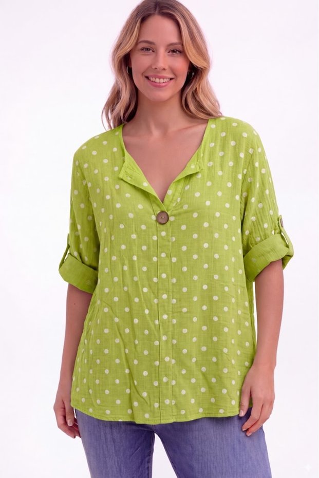 Women's Italian Greenish Yellow Polka Dot Patterned Button Detailed 3/4 Sleeve Loose 100% Cotton Blouse Tunic