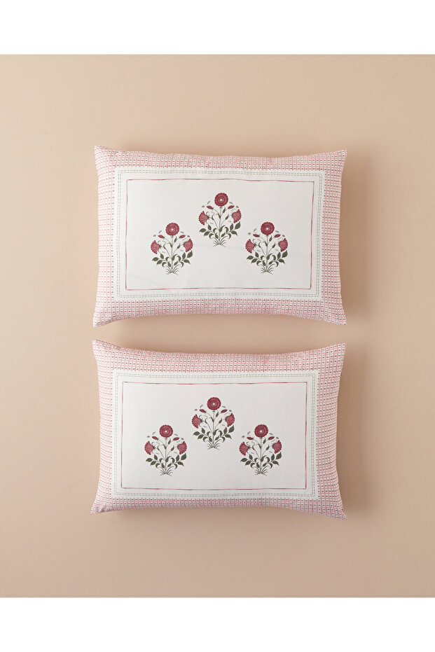 Floral Grid Double-Sided Cotton 2-Piece Pillowcase Set Dusty Rose
