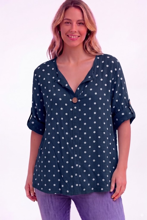 Women's Italian Navy Blue Polka Dot Patterned Button Detailed 3/4 Sleeve Loose 100% Cotton Blouse Tunic