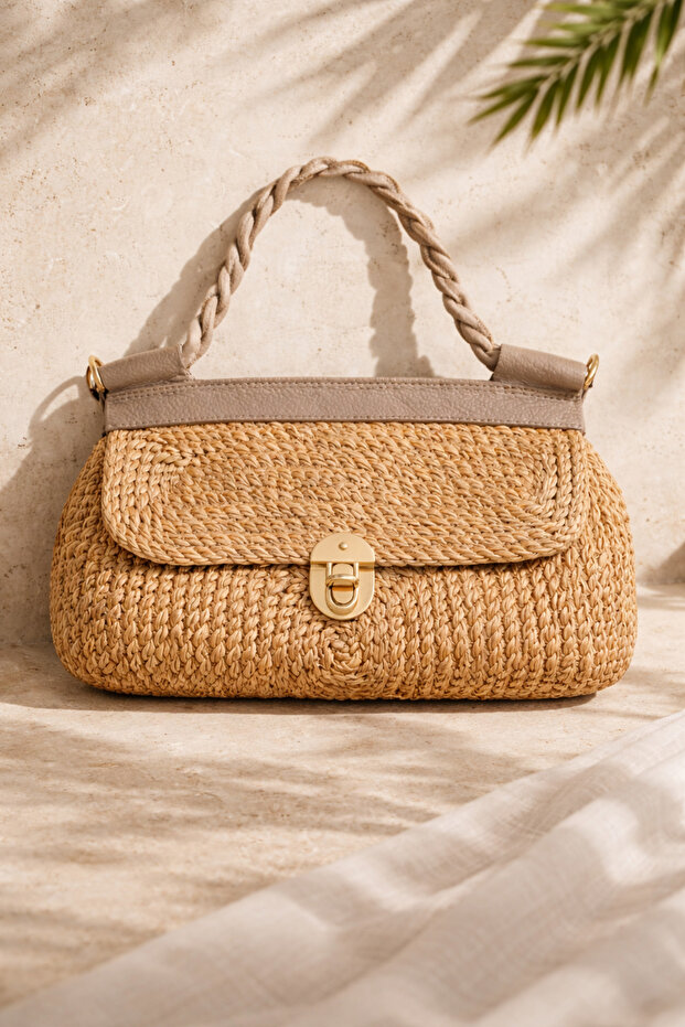 Valerie Extra Light Soft Rope and Genuine Leather Detailed Straw Women's Handbag