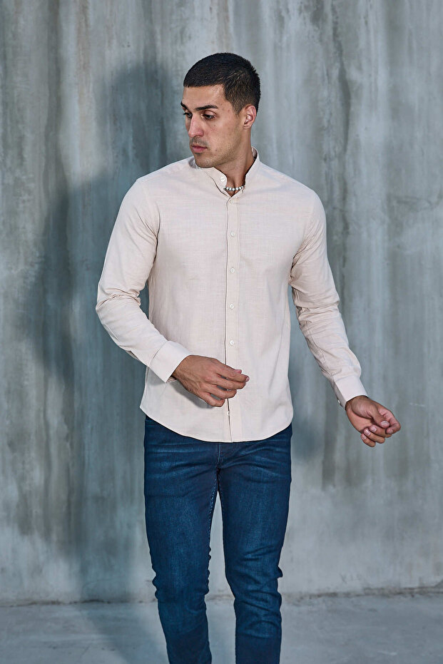 Bej Haki̇m Collar Lycra Linen Cotton Slim Fit Shirt