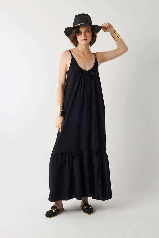 Women's Drawstring Collar Strap Long Dress Black – Pocketed , Ruffled Designs, Comfortable Cut, Summer Wear Lightweight Textured
