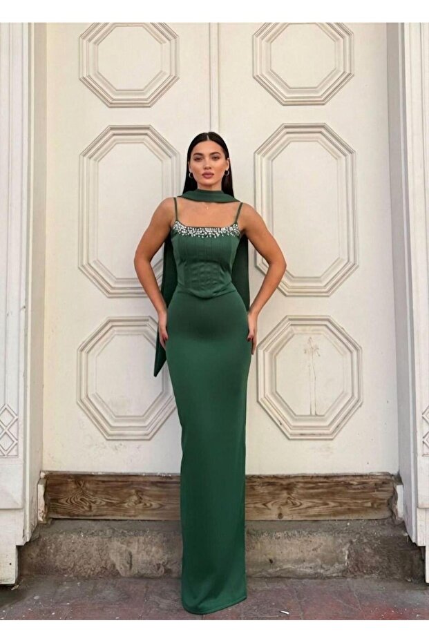 Scuba Stretch Fabric Stone Embroidered Scarf Detailed Fish Cut Evening Dress 583340 Emerald