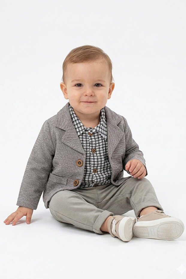 Baby Boy Gray Plaid Shirts and Striped Jackets 3-Piece Luxury Set