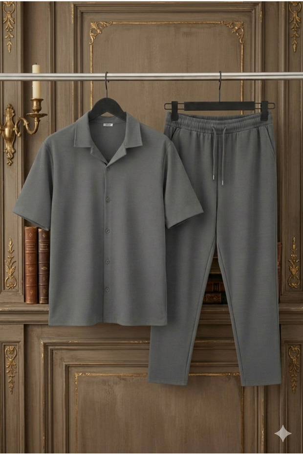 Men's Burumcuk Kri̇nkil Fabric Short-Sleeved Shirt and Tracksuit 2-Piece Set